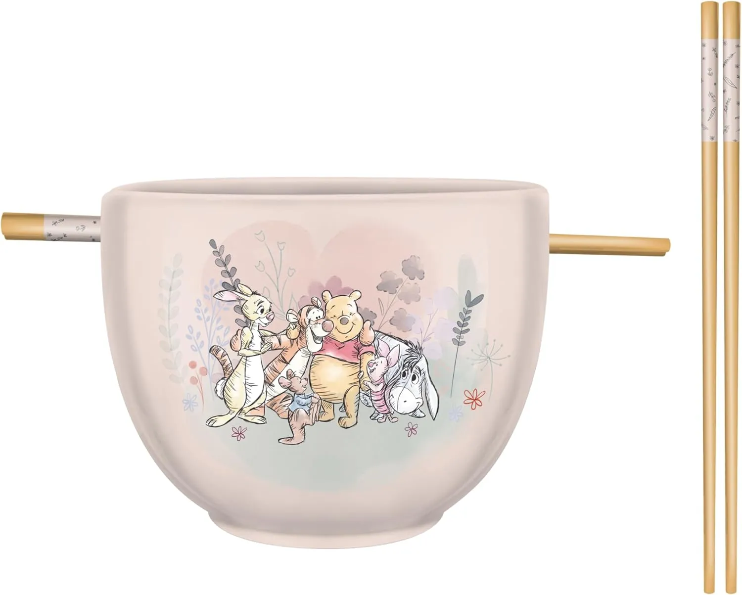 Silver Buffalo Disney Winnie the Pooh Featuring Piglet, Eeyore, Tigger, Rabbit, and Roo Group Hug Ceramic Ramen Noodle Rice Bowl with Chopsticks, Microwave Safe, 20 Ounces