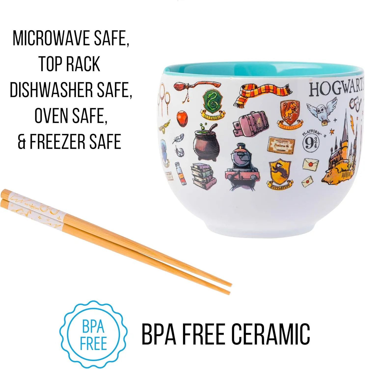 Silver Buffalo Harry Potter Icons Ceramic Ramen Noodle Rice Bowl with Chopsticks, Microwave Safe, 20 Ounces