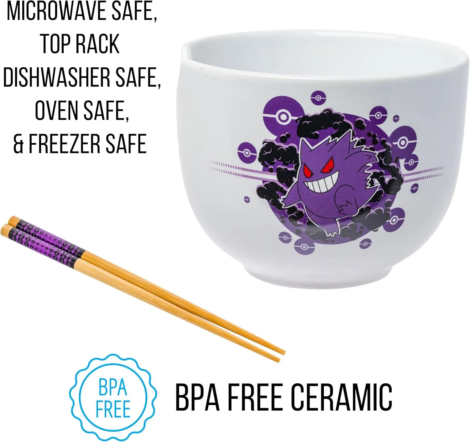 Silver Buffalo Pokemon Gengar Pokeball Ceramic Ramen Noodle Rice Bowl with Chopsticks, Microwave Safe, 20 Ounces