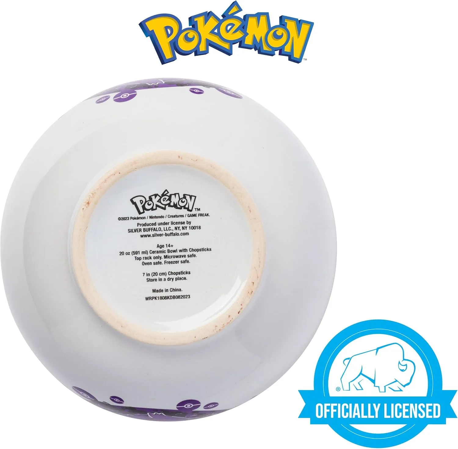 Silver Buffalo Pokemon Gengar Pokeball Ceramic Ramen Noodle Rice Bowl with Chopsticks, Microwave Safe, 20 Ounces