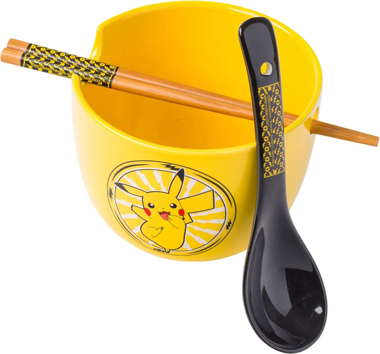Silver Buffalo Pokemon Pikachu Electric Ceramic Ramen Noodle Rice Bowl with Chopsticks and Spoon, Microwave Safe, 20 Ounces