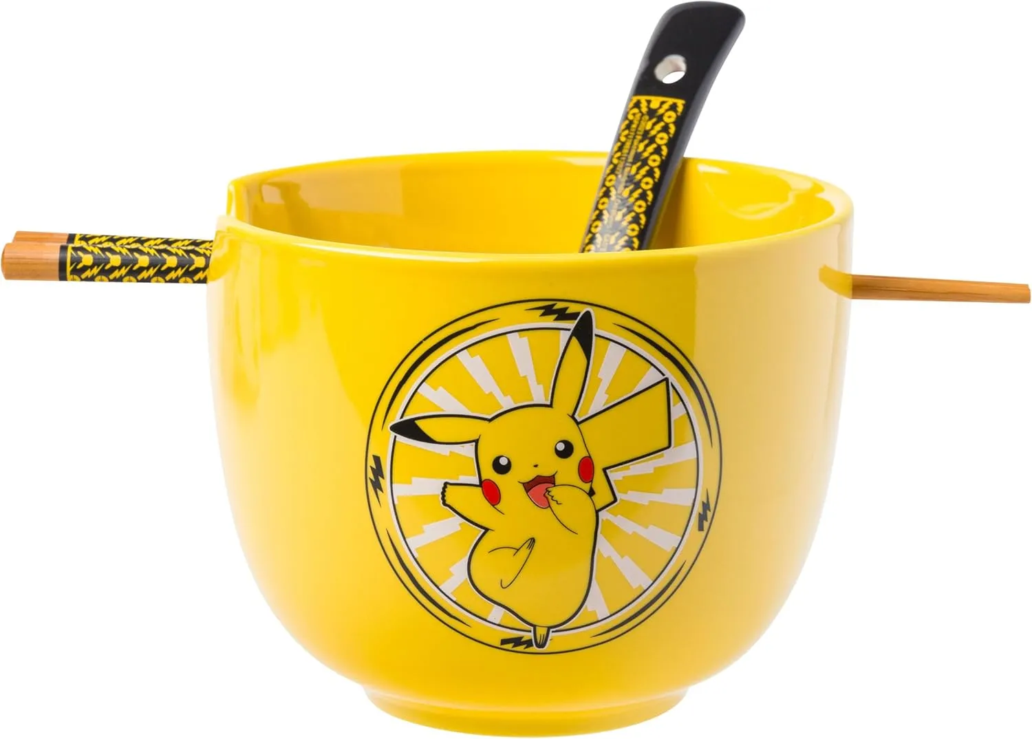 Silver Buffalo Pokemon Pikachu Electric Ceramic Ramen Noodle Rice Bowl with Chopsticks and Spoon, Microwave Safe, 20 Ounces