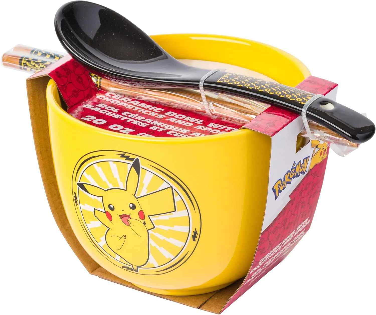 Silver Buffalo Pokemon Pikachu Electric Ceramic Ramen Noodle Rice Bowl with Chopsticks and Spoon, Microwave Safe, 20 Ounces