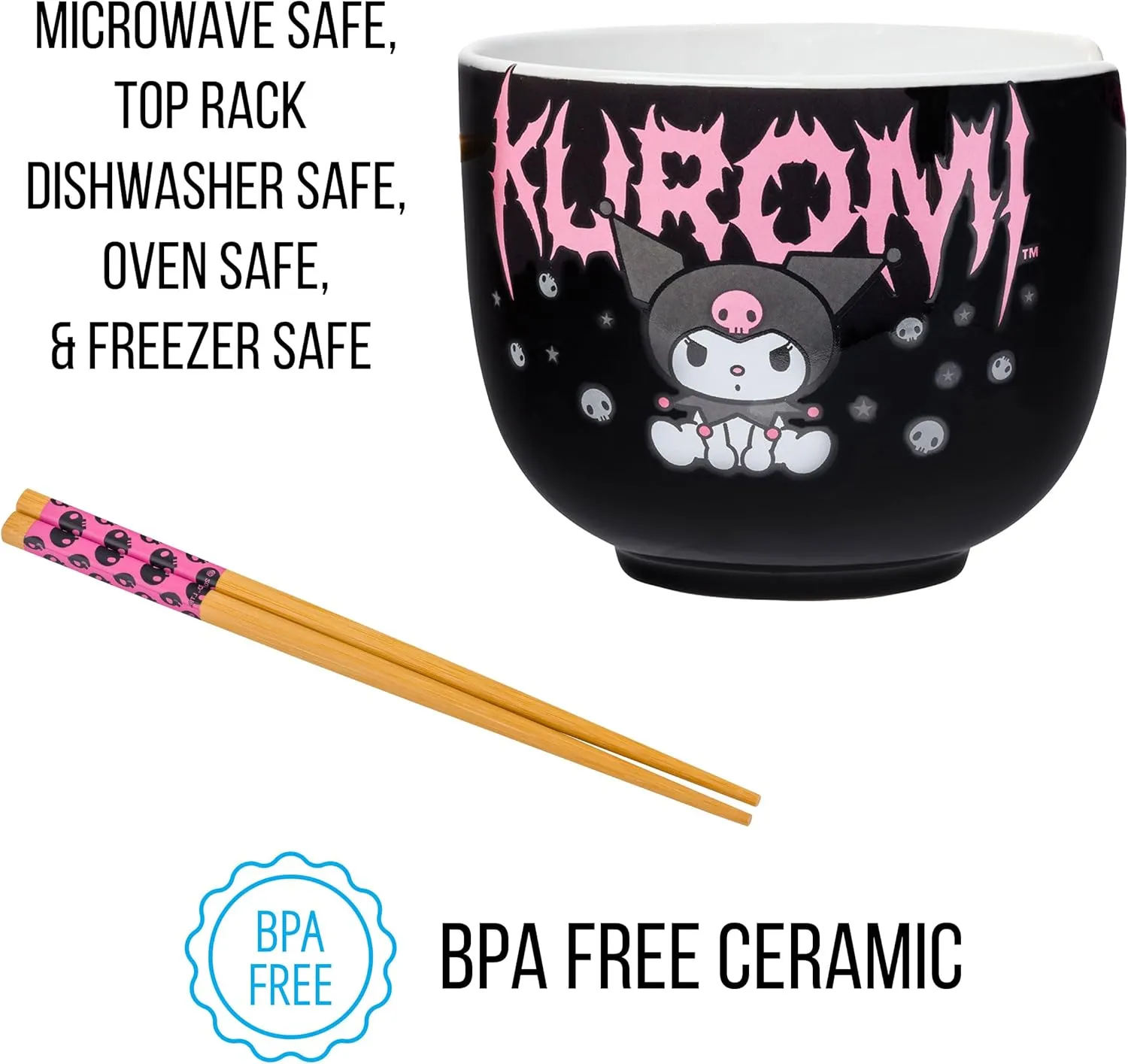 Silver Buffalo Sanrio Hello Kitty and Friends Kuromi Ceramic Ramen Noodle Rice Bowl with Chopsticks, Microwave Safe, 20 Ounces