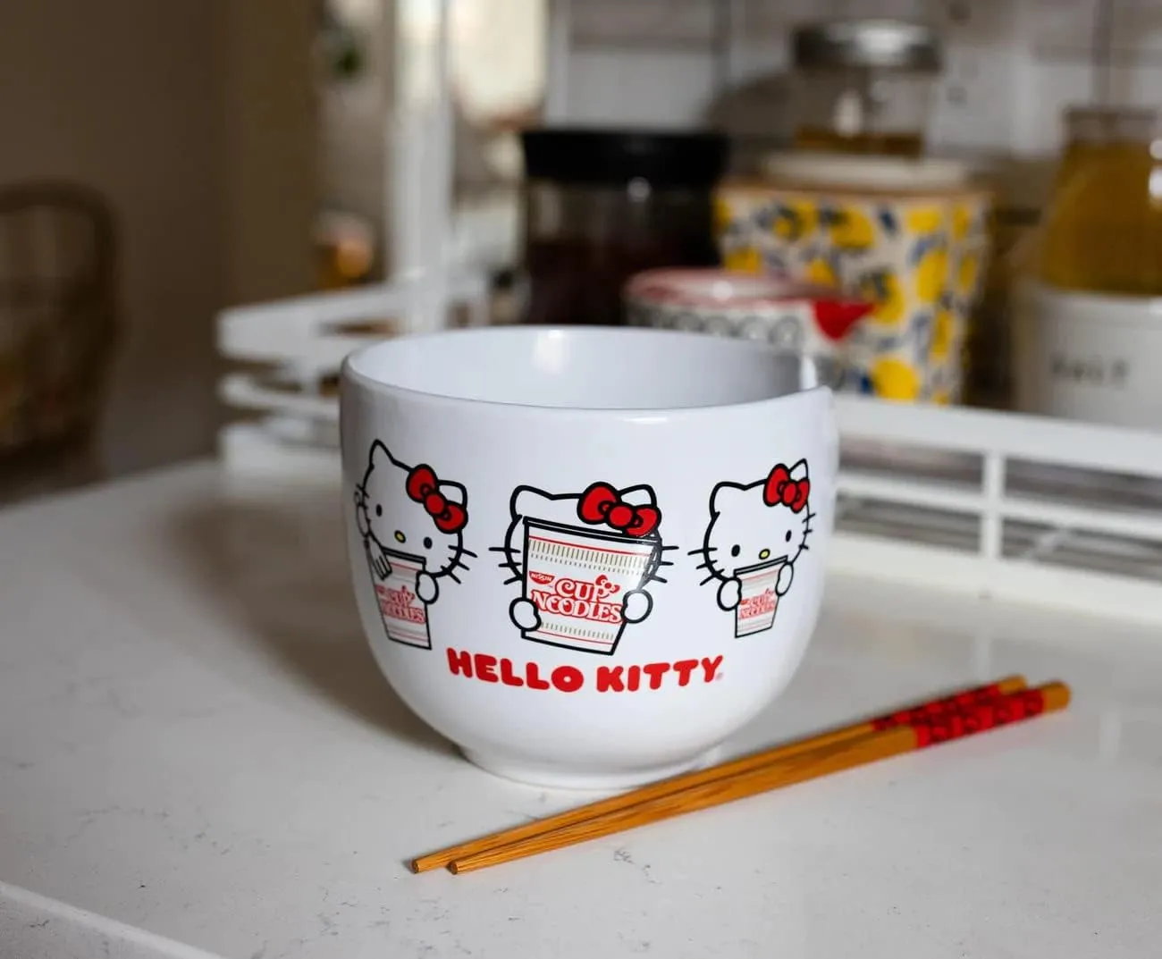 Silver Buffalo Sanrio Hello Kitty Cup Noodles Nissin Ceramic Ramen Noodle Rice Bowl with Chopsticks, Microwave Safe, 20 Ounces