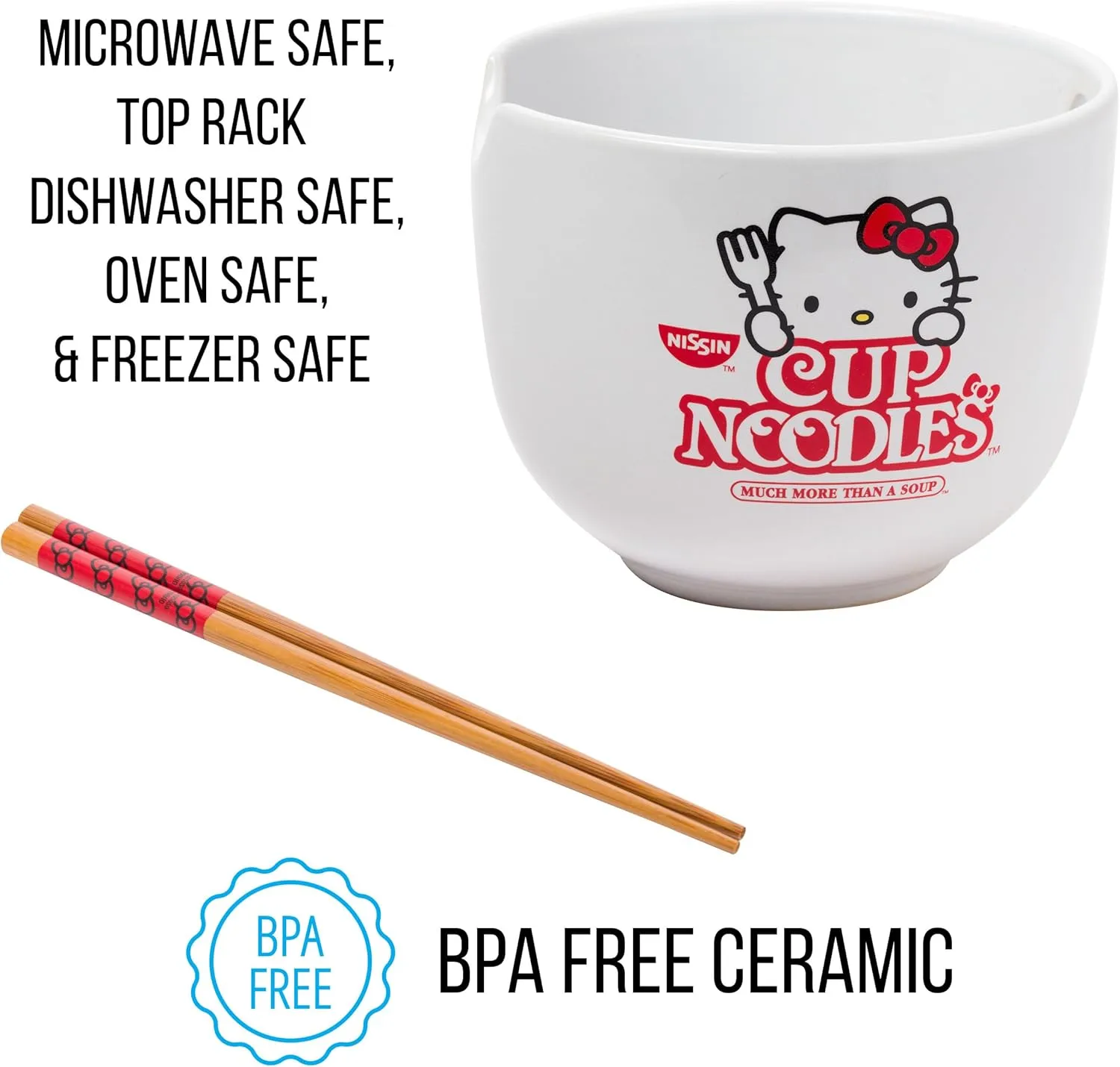 Silver Buffalo Sanrio Hello Kitty Cup Noodles Nissin Ceramic Ramen Noodle Rice Bowl with Chopsticks, Microwave Safe, 20 Ounces