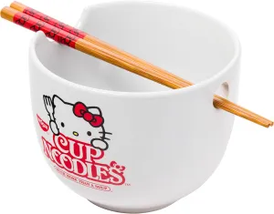 Silver Buffalo Sanrio Hello Kitty Cup Noodles Nissin Ceramic Ramen Noodle Rice Bowl with Chopsticks, Microwave Safe, 20 Ounces