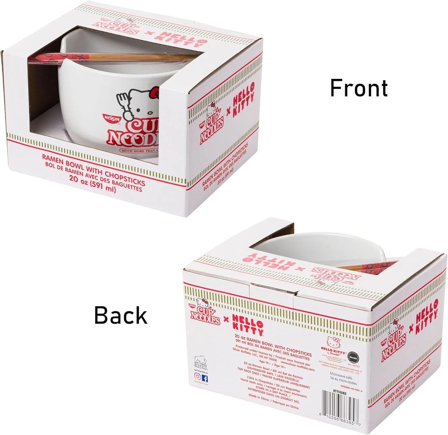 Silver Buffalo Sanrio Hello Kitty Cup Noodles Nissin Ceramic Ramen Noodle Rice Bowl with Chopsticks, Microwave Safe, 20 Ounces