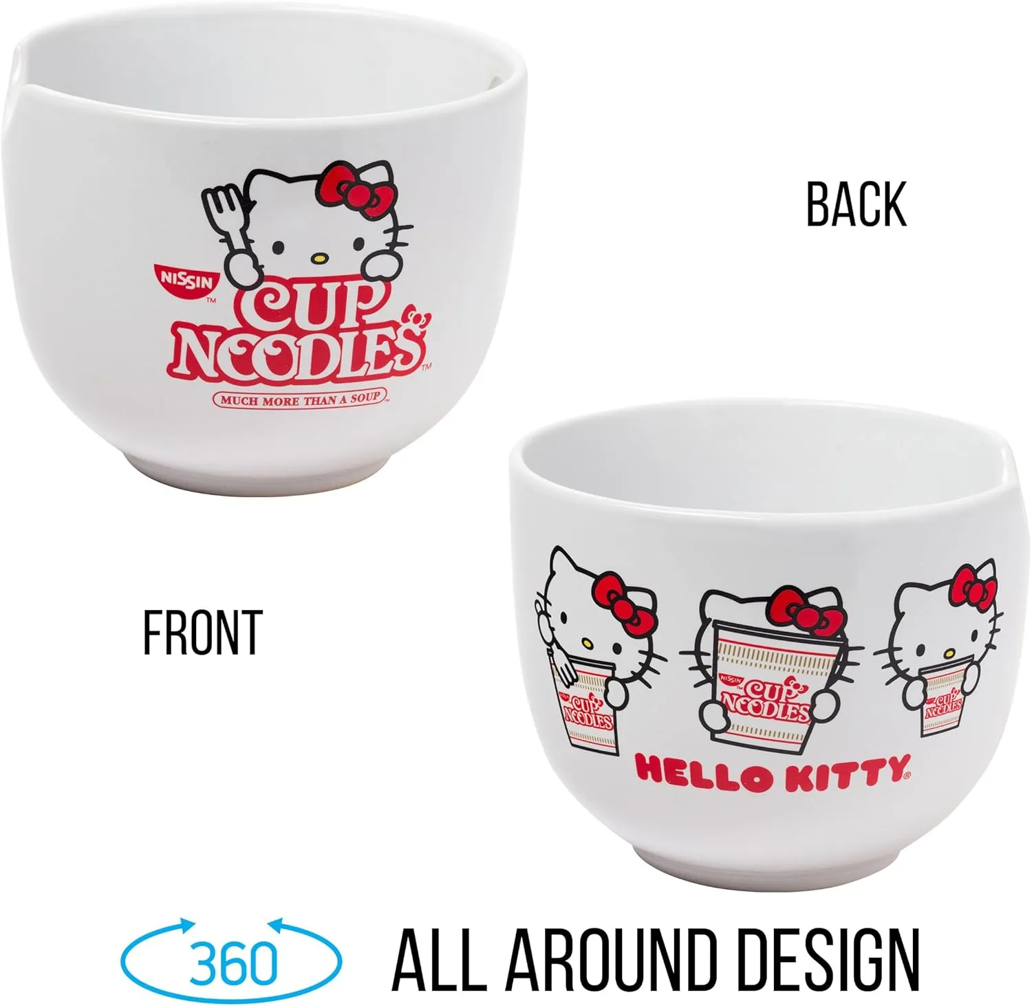 Silver Buffalo Sanrio Hello Kitty Cup Noodles Nissin Ceramic Ramen Noodle Rice Bowl with Chopsticks, Microwave Safe, 20 Ounces