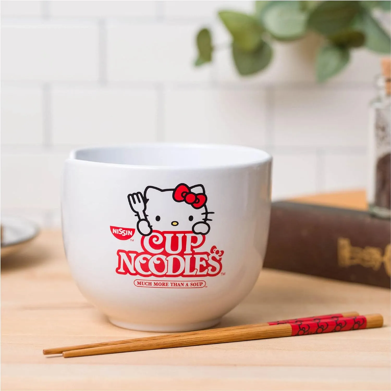 Silver Buffalo Sanrio Hello Kitty Cup Noodles Nissin Ceramic Ramen Noodle Rice Bowl with Chopsticks, Microwave Safe, 20 Ounces