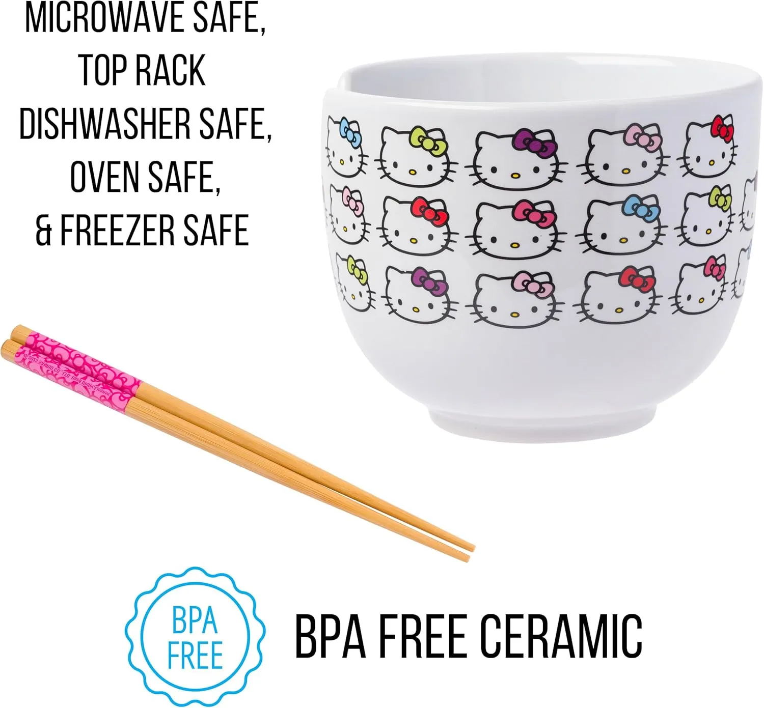 Silver Buffalo Sanrio Hello Kitty Face with Different Color Bows Pattern Ceramic Ramen Noodle Rice Bowl with Chopsticks, Microwave Safe, 20 Ounces