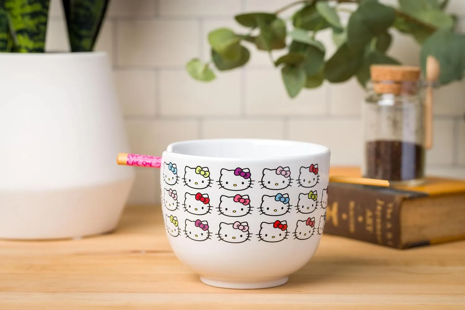 Silver Buffalo Sanrio Hello Kitty Face with Different Color Bows Pattern Ceramic Ramen Noodle Rice Bowl with Chopsticks, Microwave Safe, 20 Ounces