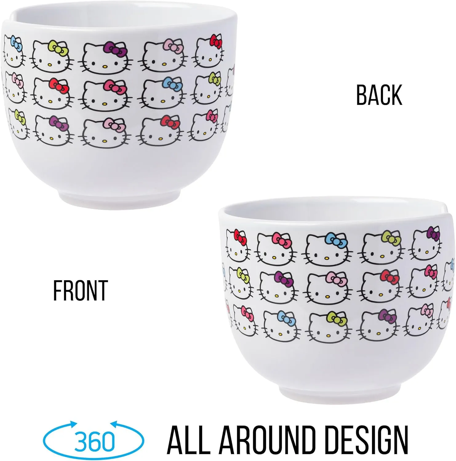 Silver Buffalo Sanrio Hello Kitty Face with Different Color Bows Pattern Ceramic Ramen Noodle Rice Bowl with Chopsticks, Microwave Safe, 20 Ounces