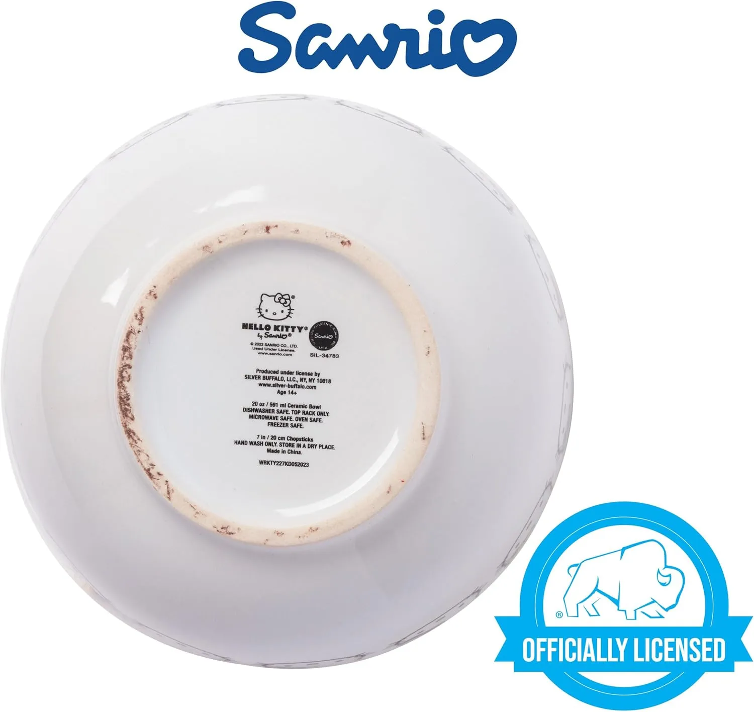 Silver Buffalo Sanrio Hello Kitty Face with Different Color Bows Pattern Ceramic Ramen Noodle Rice Bowl with Chopsticks, Microwave Safe, 20 Ounces