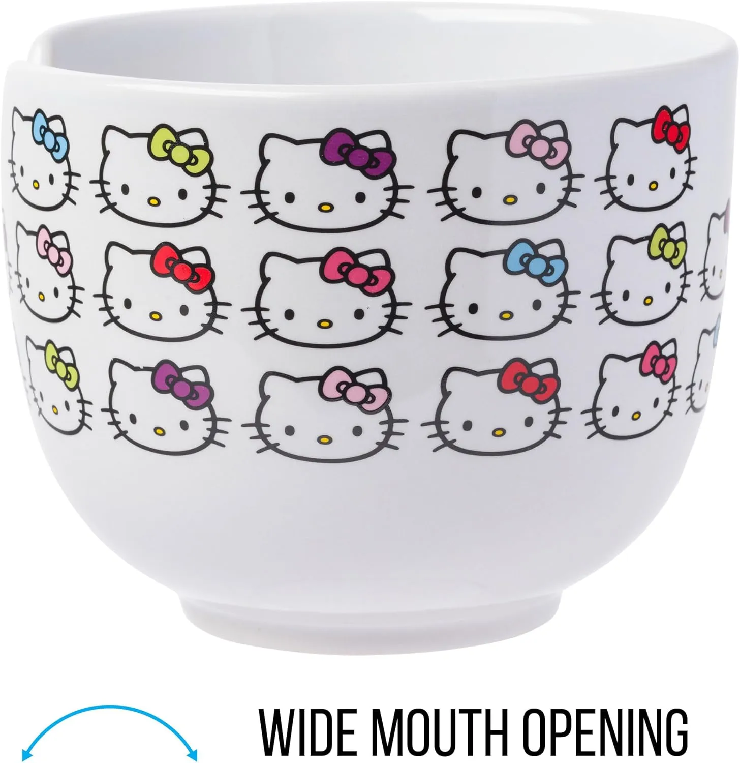 Silver Buffalo Sanrio Hello Kitty Face with Different Color Bows Pattern Ceramic Ramen Noodle Rice Bowl with Chopsticks, Microwave Safe, 20 Ounces
