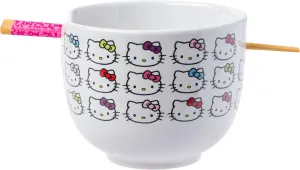 Silver Buffalo Sanrio Hello Kitty Face with Different Color Bows Pattern Ceramic Ramen Noodle Rice Bowl with Chopsticks, Microwave Safe, 20 Ounces