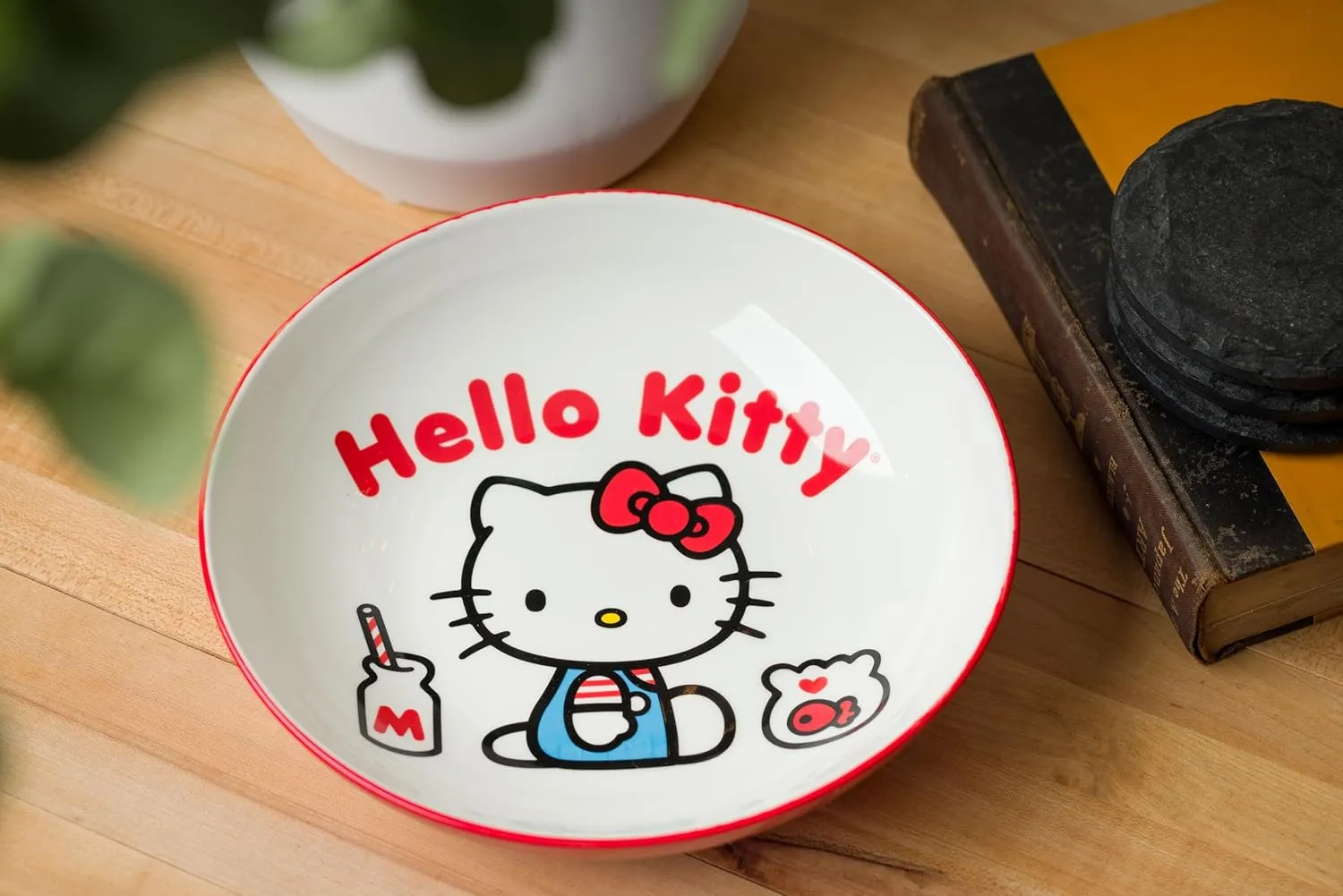 Silver Buffalo Sanrio Hello Kitty Milk and Goldfish Red and White Ceramic Dinner Pasta Bowl, 9 inches