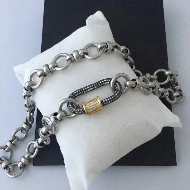 Silver Carabiner Necklace-Mixed Chunky Chain Necklace-Gold Pave Screw