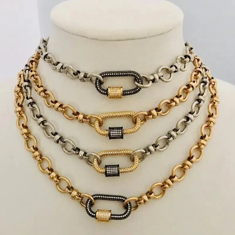 Silver Carabiner Necklace-Mixed Chunky Chain Necklace-Gold Pave Screw