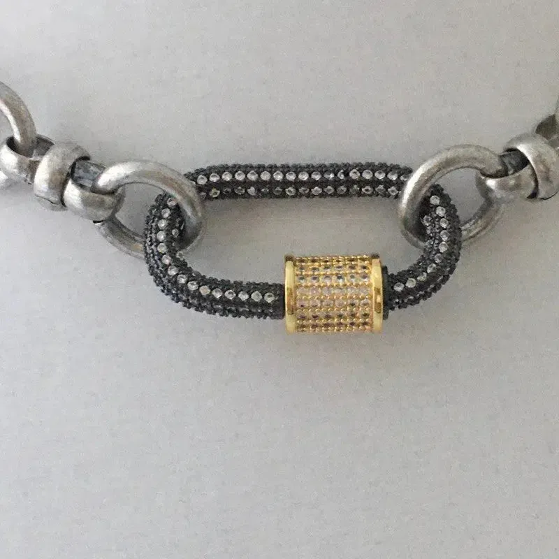 Silver Carabiner Necklace-Mixed Chunky Chain Necklace-Gold Pave Screw