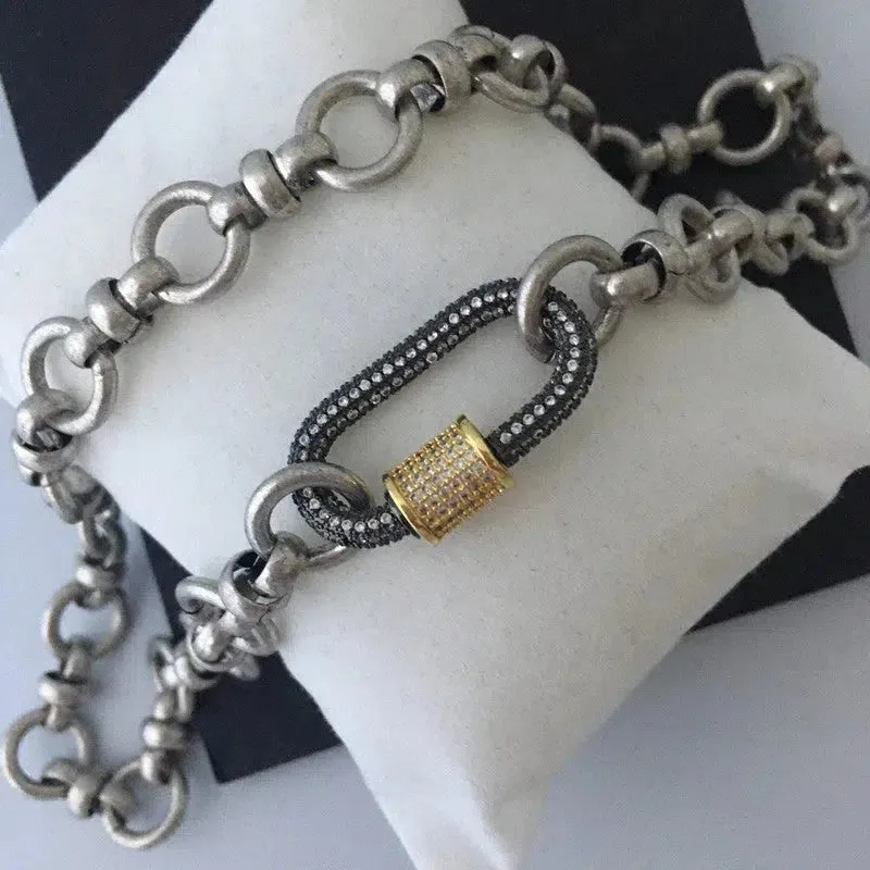 Silver Carabiner Necklace-Mixed Chunky Chain Necklace-Gold Pave Screw