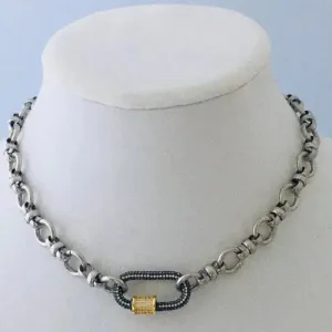 Silver Carabiner Necklace-Mixed Chunky Chain Necklace-Gold Pave Screw