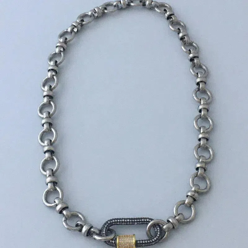 Silver Carabiner Necklace-Mixed Chunky Chain Necklace-Gold Pave Screw