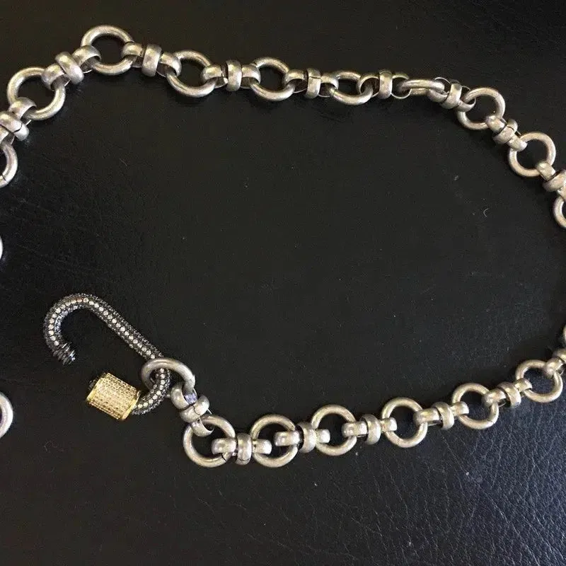 Silver Carabiner Necklace-Mixed Chunky Chain Necklace-Gold Pave Screw
