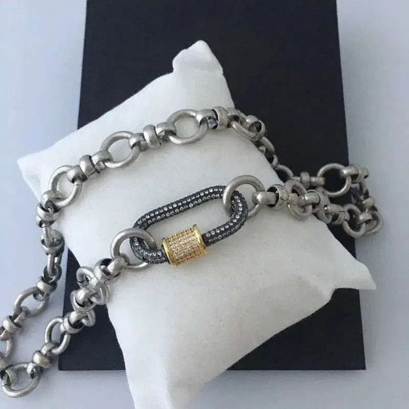 Silver Carabiner Necklace-Mixed Chunky Chain Necklace-Gold Pave Screw