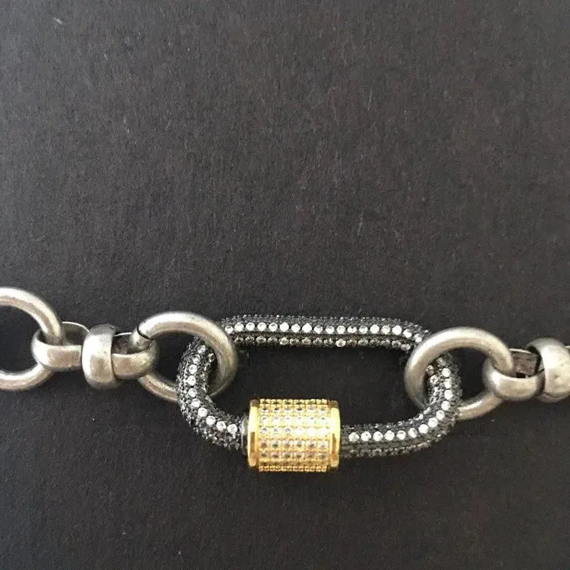 Silver Carabiner Necklace-Mixed Chunky Chain Necklace-Gold Pave Screw