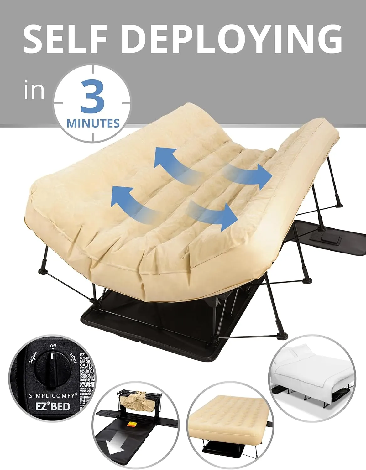 Simpli Comfy Queen EZ Bed Self-Inflating Air Mattress with Built-in Frame, Pump and Wheeled Case, Blow Up Inflatable Rolling Air Bed on Wheels