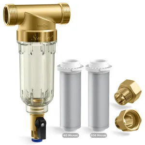 SimPure 40/200 Micron Spin Down Sediment Filter, Reusable Whole House Sediment Water Filter, Pre-Filtration System for City/Well water, 1" MNPT   3/4" FNPT   3/4"MNPT, BPA Free
