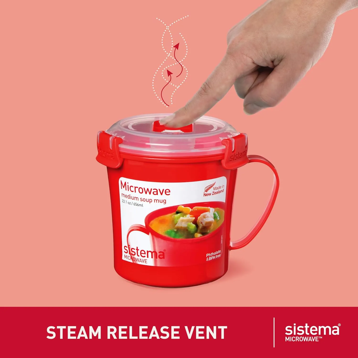 Sistema Microwave Containers | Soup Mug, Porridge Bowl & Noodle Bowl | Food Containers With Steam Release Vents | BPA-Free | Red | 3 Count