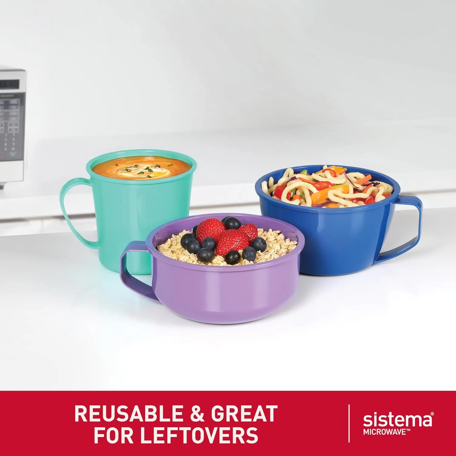 Sistema Microwave Containers | Soup Mug, Porridge Bowl & Noodle Bowl | Food Containers With Steam Release Vents | BPA-Free | Red | 3 Count