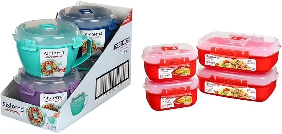 Sistema Microwave Noodle Bowl, 4 Cup, 4 Pack & Heat and Eat 4 Rectangular Food Containers with Lids 1.25L   2X 525ml