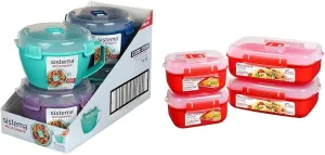 Sistema Microwave Noodle Bowl, 4 Cup, 4 Pack & Heat and Eat 4 Rectangular Food Containers with Lids 1.25L   2X 525ml