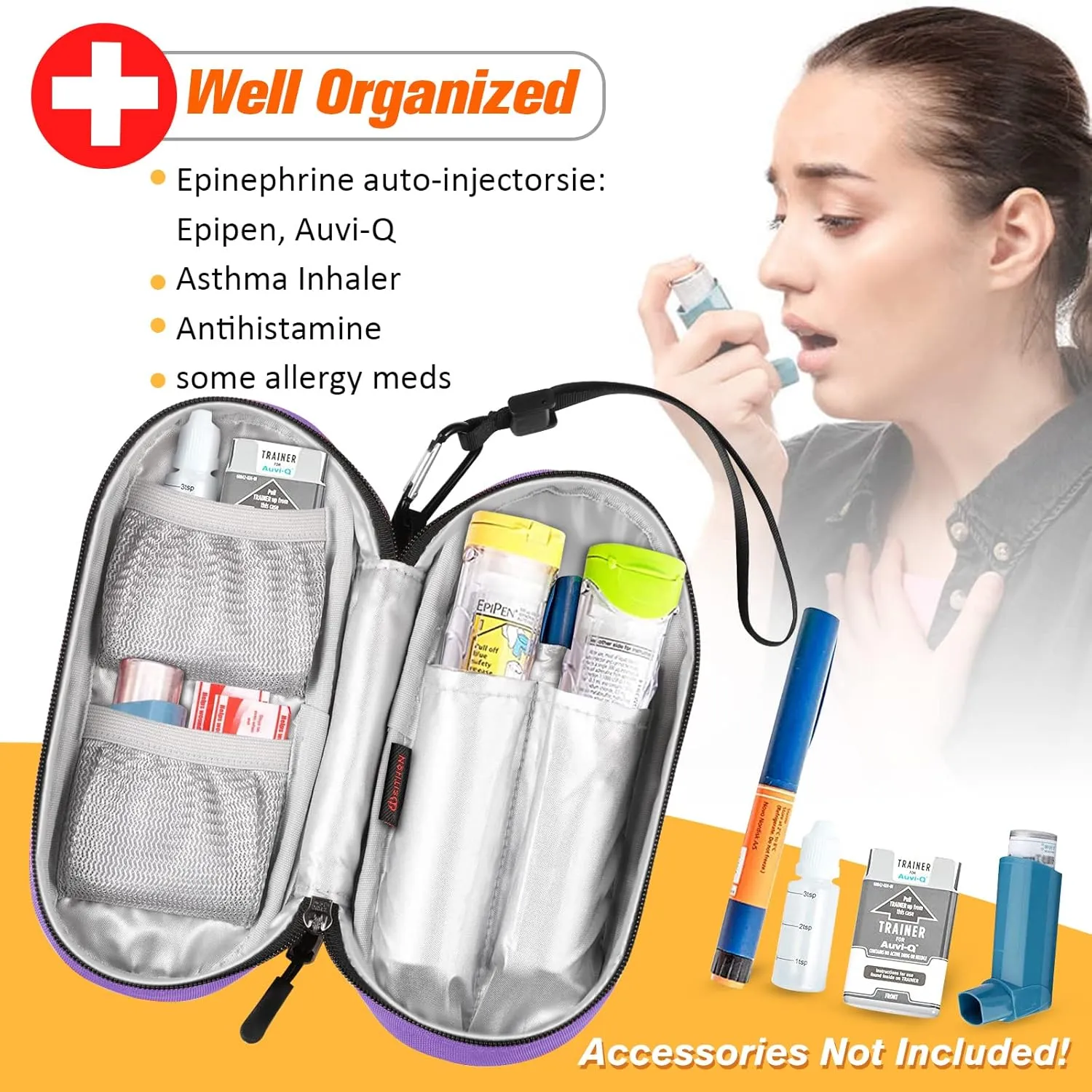 SITHON EpiPen Medical Carrying Case Insulated, Travel Medication Organizer Bag Emergency Medical Pouch Holds 2 EpiPens, Asthma Inhaler, Anti-Histamine, Auvi-Q, Allergy Medicine Essentials, Violet