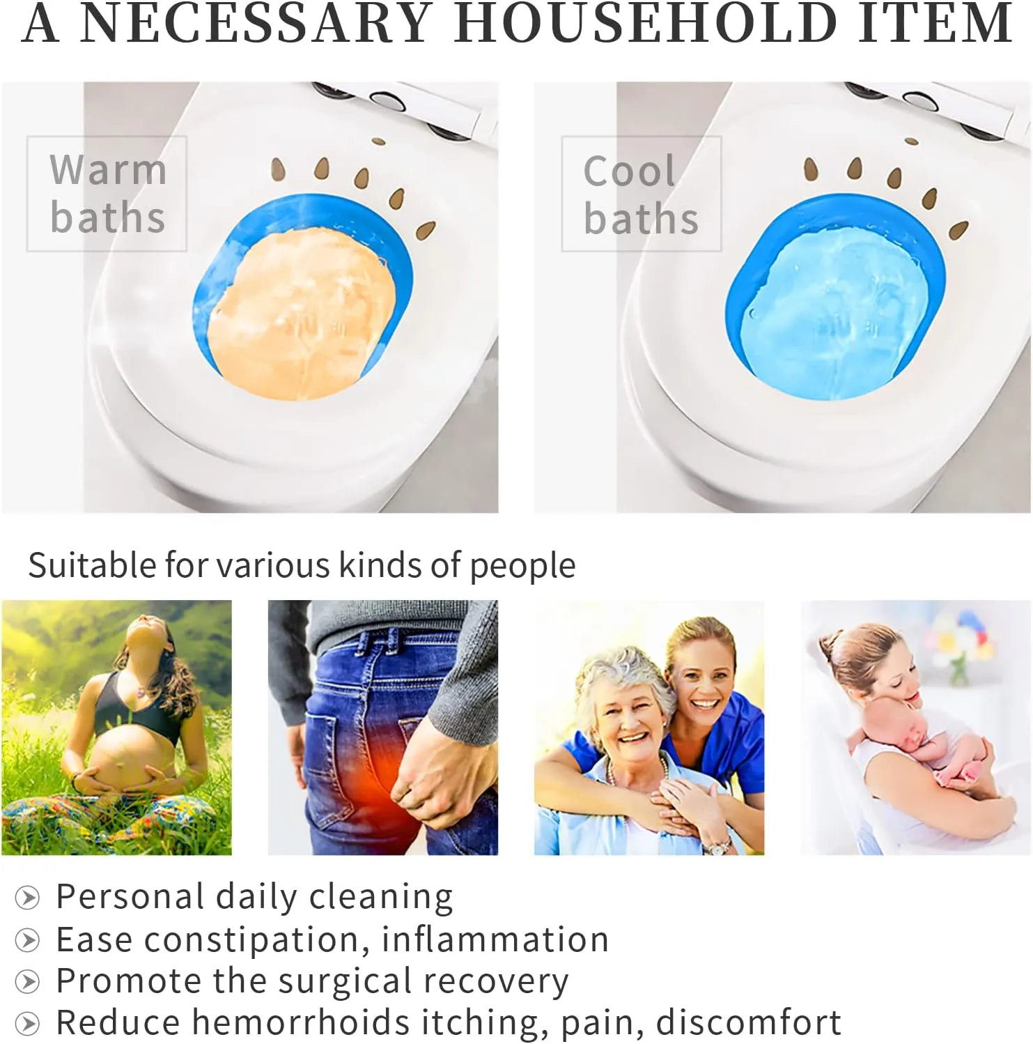 Sitz Bath for Toilet Hemorrhoids Postpartum Care, Perineal Soaking Bath Over The Toilet Seat, Collapsible Sitz Basin with Flusher for Vaginal Anal Inflammation Treatment, Yoni Steam Seat, White/Blue
