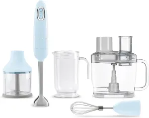 SMEG Hand Blender & Food Processor Bundle – HBF03 with HBFP11 Attachment – Retro Style, 350W Motor, Variable Speed, Tritan™ Renew Bowl, 5-in-1 Functionality, Pastel Blue