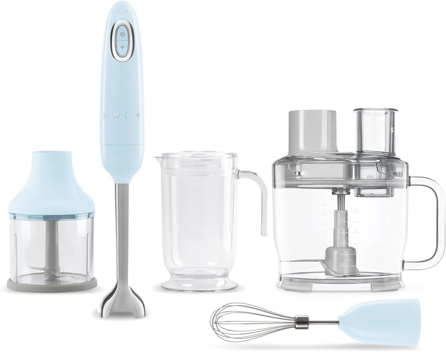 SMEG Hand Blender & Food Processor Bundle – HBF03 with HBFP11 Attachment – Retro Style, 350W Motor, Variable Speed, Tritan™ Renew Bowl, 5-in-1 Functionality, Pastel Blue