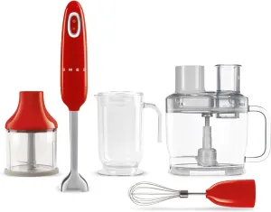 SMEG Hand Blender & Food Processor Bundle – HBF03 with HBFP11 Attachment – Retro Style, 350W Motor, Variable Speed, Tritan™ Renew Bowl, 5-in-1 Functionality, Red