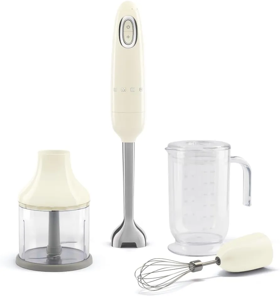SMEG Handheld Immersion Blender with Beaker, Chopping Bowl w/Lid, Wire Whisk, 5 Speed Controls, made with Stainless Steel Blades and Ergonomic Design (Cream)