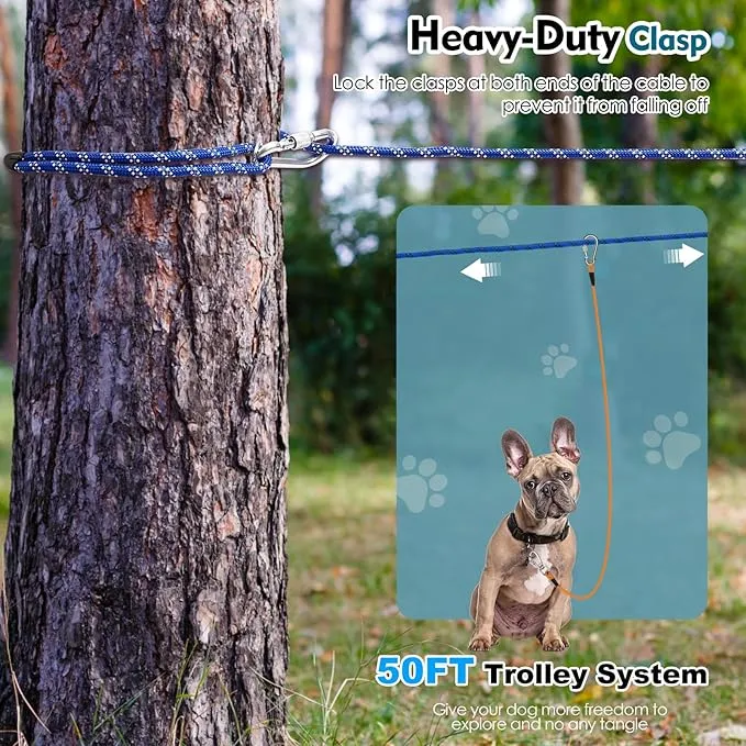 Snagle Paw 50FT Dog Runner for Outside 3 in 1, Long Dog Training Leash with Handle for Small Medium Large Dogs, Reflective Rope Dog Tie Out Cable for Yard,Park,Camping (Blue for 1 Dog)