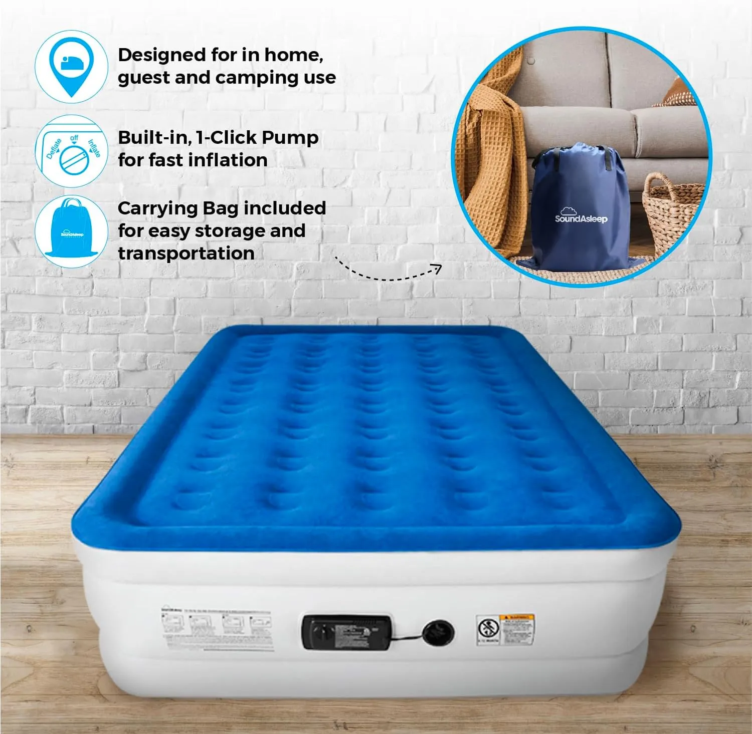 SoundAsleep Dream Series Luxury Air Mattress with ComfortCoil Technology & Built-in High Capacity Pump for Home & Camping- Double Height, Adjustable, Inflatable Blow Up, Portable - Queen Size