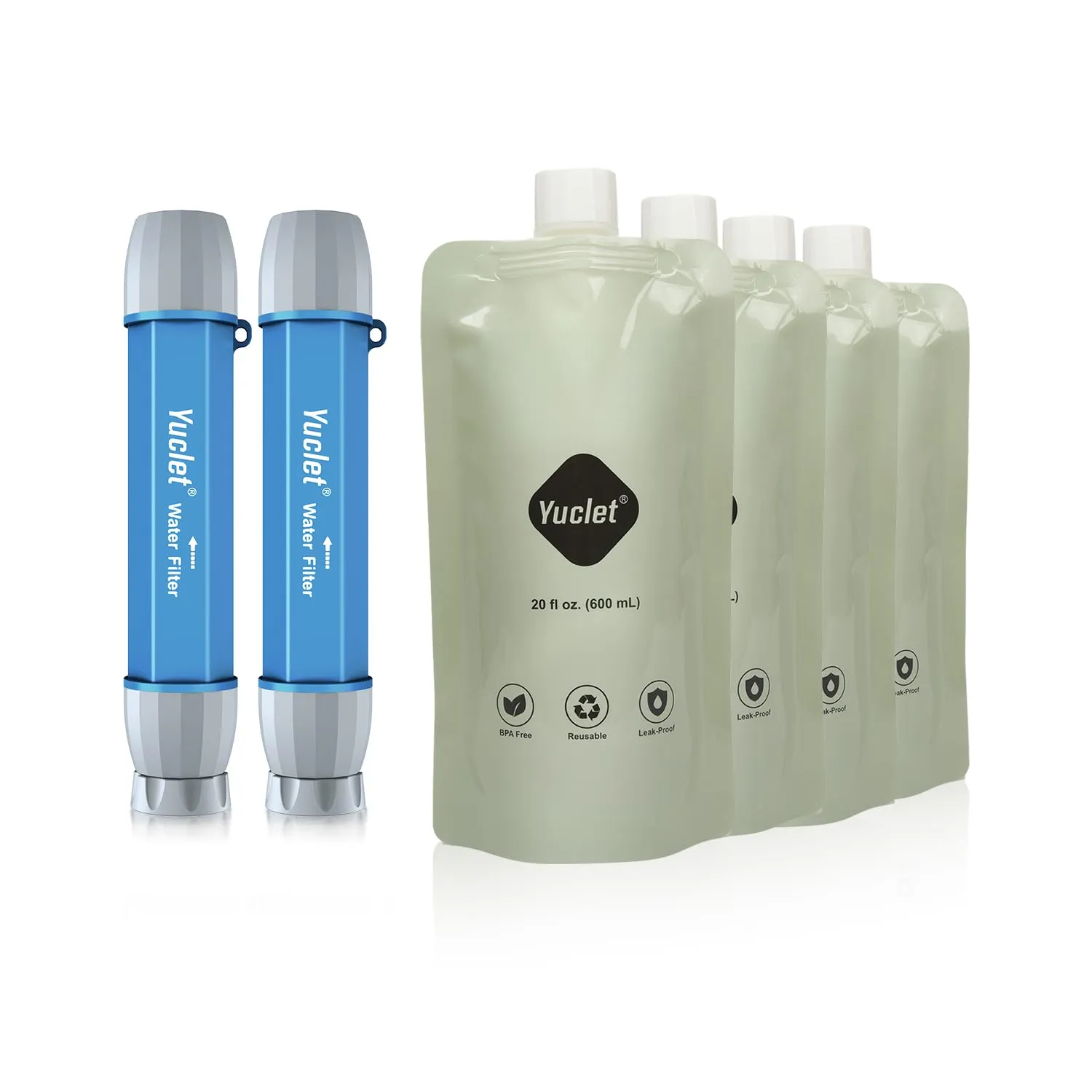 Squeeze Water Filtration System for Hiking, Camping, Travel, and Emergency Preparedness (2 Water Filter Straw, 4 Squeezable Water Pouch)