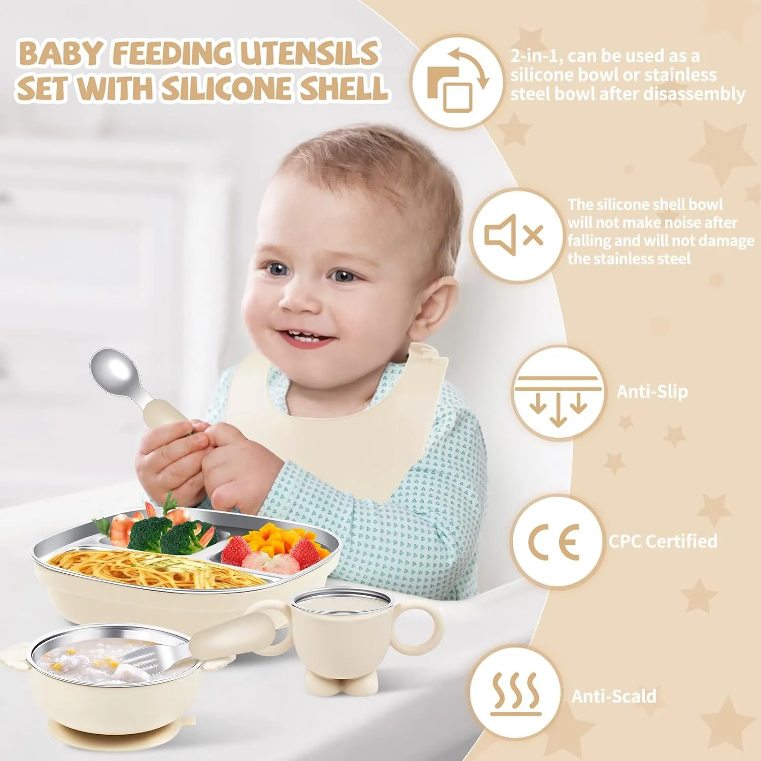 Stainless Steel Kids Plates and Bowls, 6 Pcs Baby Tableware Set Contain Deep-Divide Toddler Plates, Bowls, Cup, Utensils & Bib – BPA-Free 304 Steel   Silicone Suction – Dishwasher Safe