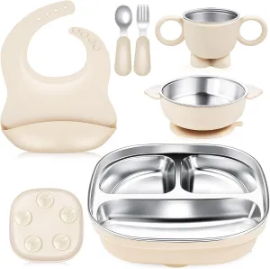 Stainless Steel Kids Plates and Bowls, 6 Pcs Baby Tableware Set Contain Deep-Divide Toddler Plates, Bowls, Cup, Utensils & Bib – BPA-Free 304 Steel   Silicone Suction – Dishwasher Safe