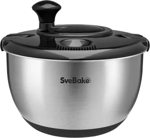 Stainless Steel Salad Spinner, 4.2 Qt Vegetable Washer, BPA-Free Lettuce Dryer with Crank Design, Dishwasher Safe, Non-Slip Base - Black Lid