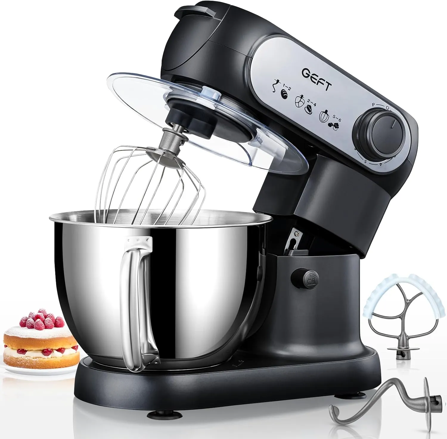 Stand Mixer, 6 QT 600W Tilt-Head Dough Mixer, 6 P speed Mixers Kitchen Electric Stand Mixer with Stainless Steel Bowl, Dishwasher-Safe Dough Hook, Flat Beater, Wire Whisk, Splash Guard, Black