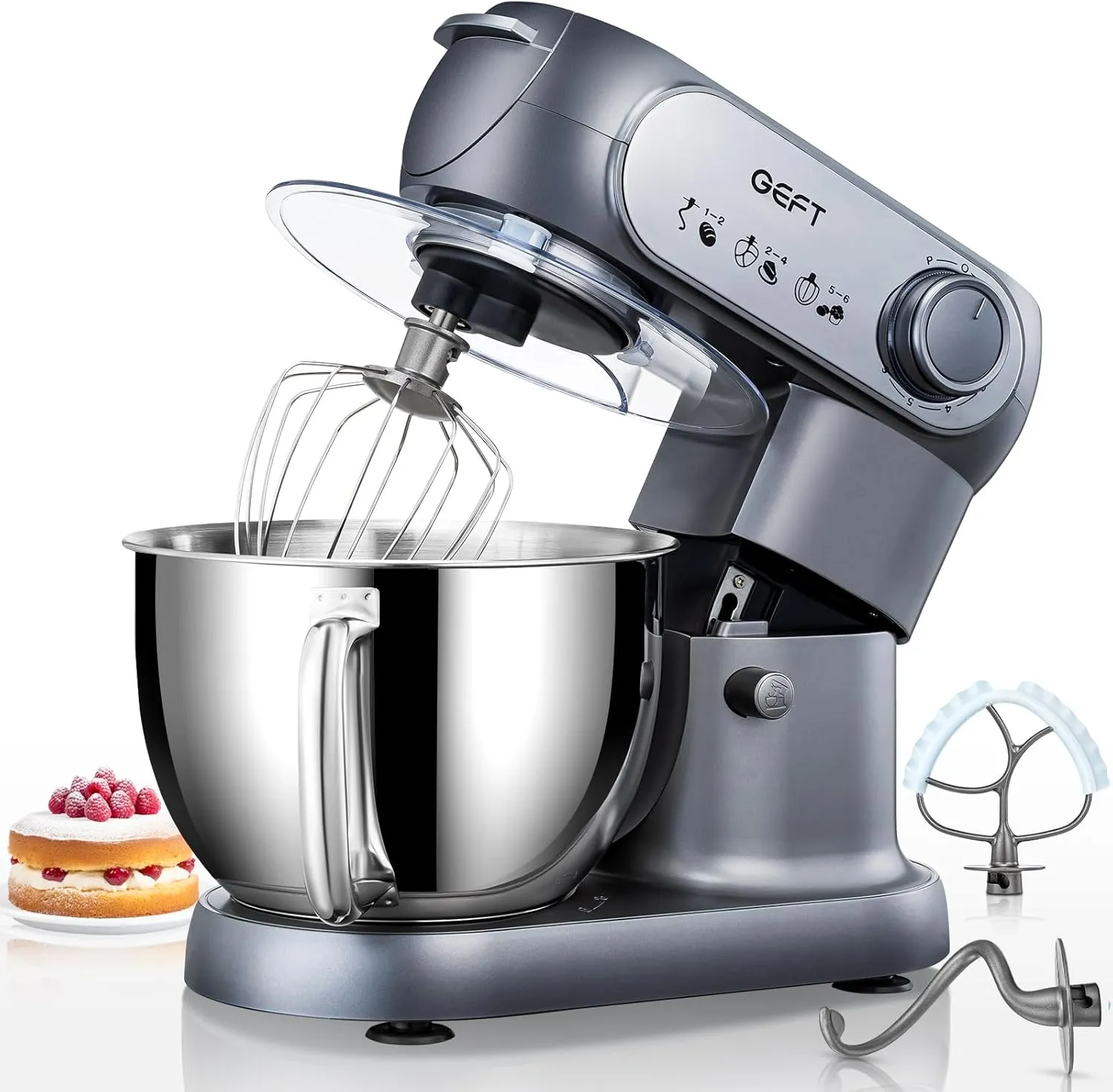 Stand Mixer, 6 QT 600W Tilt-Head Dough Mixer, 6 P speed Mixers Kitchen Electric Stand Mixer with Stainless Steel Bowl, Dishwasher-Safe Dough Hook, Flat Beater, Wire Whisk, Splash Guard, Grey